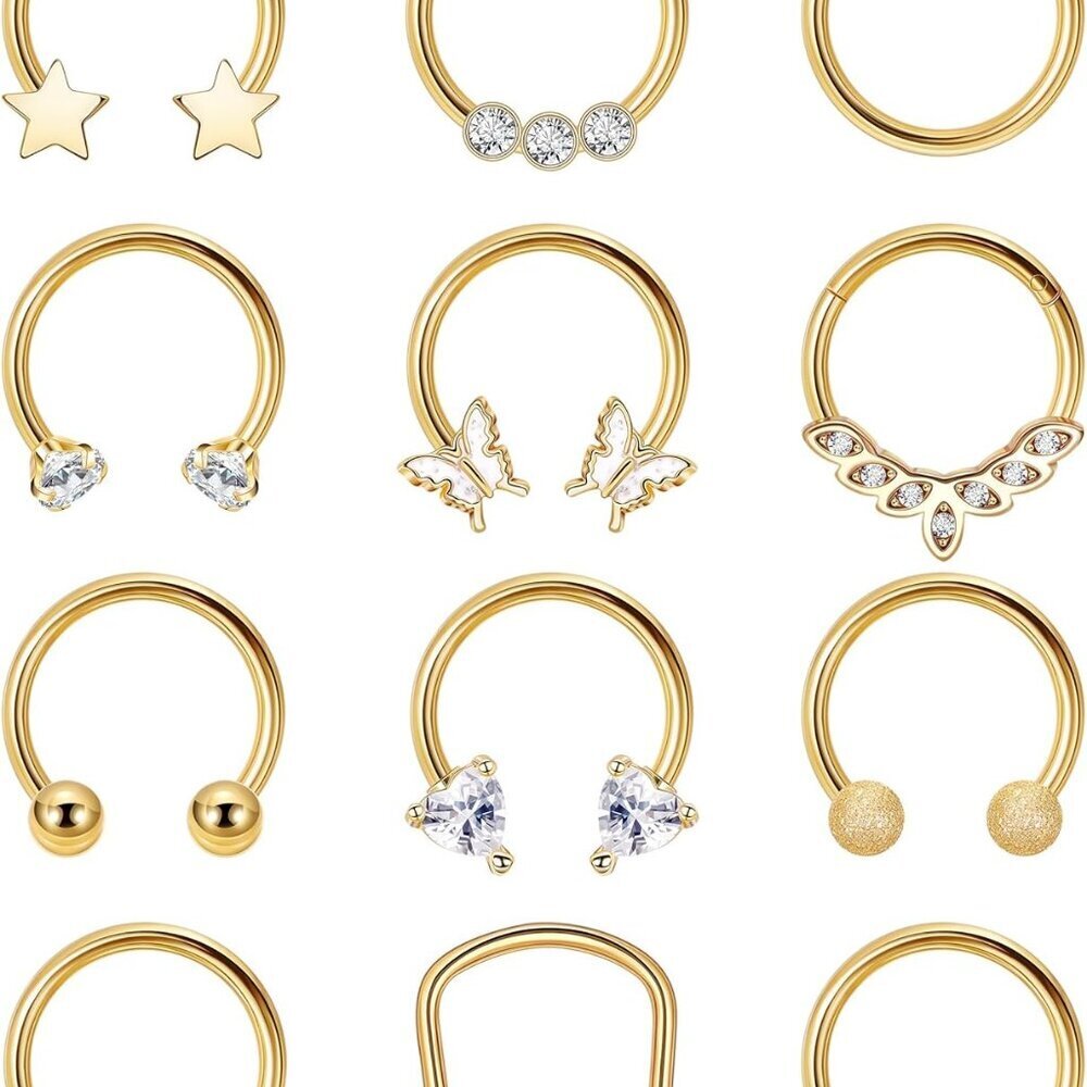 12Pcs Stainless Steel Septum Rings Set 16G Hypoallergenic Multiple Designs